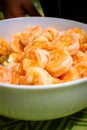 White ceramic bowl of large cooked shrimp Royalty Free Stock Photo