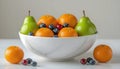 White Ceramic Bowl with Oranges Pears and Blueberries on Neutral Background Royalty Free Stock Photo