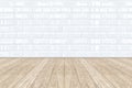 White Ceramic brick tile wall and wooden floor Royalty Free Stock Photo
