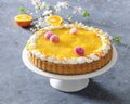 Baked sponge cake with tangerine mousse garnished with cream and daisy edible flowers