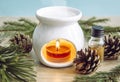 White ceramic candle aroma oil lamp with pine spruce tree essential oil bottle.