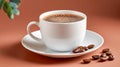 a white ceramic coffee cup on a matching saucer, and several roasted coffee beans scattered around Royalty Free Stock Photo