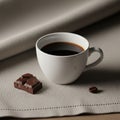 A white ceramic cup filled with black coffee rests on a textured beige fabric Royalty Free Stock Photo