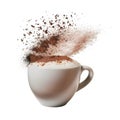 Explosion of cocoa powder over a creamy coffee drink in a white cup Royalty Free Stock Photo