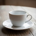 A white ceramic cup with a handle sits on a matching saucer atop a wooden table. Royalty Free Stock Photo
