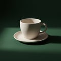 A white ceramic cup with a handle sits on a matching saucer. Both Royalty Free Stock Photo