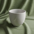 A white ceramic cup is placed against a background of draped green fabric. The cup is Royalty Free Stock Photo