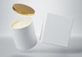 White ceramic glass jar candle with gold lid and box 3D render mockup