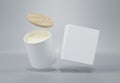 White ceramic glass jar candle with wooden lid and box 3D render mockup