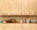White ceramic kitchenware on the wooden shelf Royalty Free Stock Photo