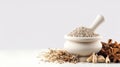 a white ceramic mortar and pestle filled with spices and herbs on a plain background