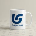 White ceramic mug with a blue \
