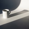 White ceramic mug casting a long shadow on a smooth, light gray surface. The lighting creates a Royalty Free Stock Photo
