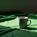 A white ceramic mug is centrally placed on a green fabric backdrop, which is Royalty Free Stock Photo