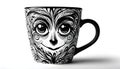 White ceramic mug featuring a black, stylized artistic illustratio Royalty Free Stock Photo