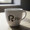 White ceramic mug featuring a stylized logo with the letters Ple printe Royalty Free Stock Photo