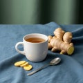 White ceramic mug filled with ginger tea on a blue fabric surface Royalty Free Stock Photo