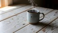 Cozy Mug of Hot Beverage with Steam on an Old Distressed White Wood Corner Table Royalty Free Stock Photo