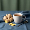 A white ceramic mug filled with tea is placed on a blue fabric surface Royalty Free Stock Photo