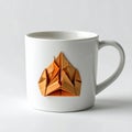 White Ceramic Mug with Orange Origami Pyramid on White Background Royalty Free Stock Photo