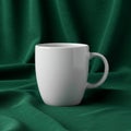 A white ceramic mug is positioned on a draped, deep green fabric background. The Royalty Free Stock Photo