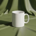 White ceramic mug is positioned on a smooth, draped green fabric Royalty Free Stock Photo