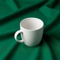 A white ceramic mug rests on a smooth, rich green fabric background Royalty Free Stock Photo