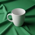 White ceramic mug set on a lush green, slightly wrinkled fabric background Royalty Free Stock Photo