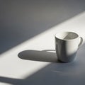 A white ceramic mug sits on a smooth, light-colored surface. Dramatic lighting creates a sharp Royalty Free Stock Photo