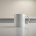 White ceramic mug on a smooth, reflective surface with a minimalistic background. The Royalty Free Stock Photo