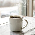 White ceramic mug with steaming coffee sits on a table isolated on transparent background Royalty Free Stock Photo