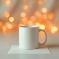 White ceramic mug on a white surface with blurred orange bokeh lights in the background creating a cozy scene Royalty Free Stock Photo