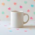 White ceramic mug on a white surface with colorful heart shaped confetti and a heart patterned background Royalty Free Stock Photo