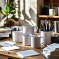 White Ceramic Mugs and Pitcher on Wooden Table Royalty Free Stock Photo