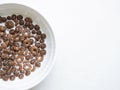 White ceramic plate with chocolate breakfast cereal and milk.