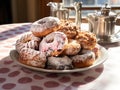A white ceramic plate featuring a variety of doughnuts sprinkled with powdered sugar