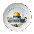 White ceramic plate with golden rim and Dome of the Rock image decorative Royalty Free Stock Photo