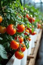 A white ceramic pot with a thriving cherry tomato plant, vibrant green foliage and ripe red tomatoes. Royalty Free Stock Photo