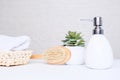White ceramic soap dispenser, spa towel, plant and massage brush on white counter table inside a bright bathroom Royalty Free Stock Photo