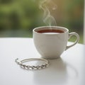 A white ceramic teacup filled with steaming tea sits on a smooth white surface. Next Royalty Free Stock Photo