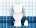 White ceramic toilet with bowl tank and brush concept clean toilet with bubbles vector illustration