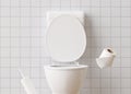 White ceramic toilet, WC in white room. Hygiene, defecation, problems with digestion, constipation, diarrhea concept