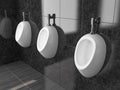 White ceramic urinals. On black tiles background. Public toilet. 3d rendering illustration