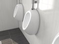 White ceramic urinals hanging on the wall in public toilet. 3d rendering illustration