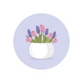 Wicker basket full of painted Easter eggs, tulip and lilac flowers. Flat vector icon Royalty Free Stock Photo