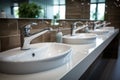 White ceramic wash sink basins, mirrors in modern public bathroom