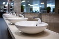 White ceramic wash sink basins, mirrors in modern public bathroom