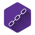 White Chain link icon isolated with long shadow. Link single. Purple hexagon button