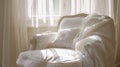 A white chair with a blanket draped over it in front of the window, AI