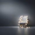 White chair with Christmas lights in a room with dark walls and floor. Generative AI